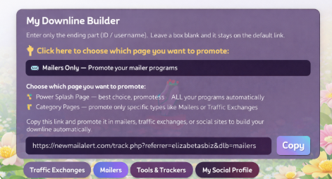 Downline builder tool with copy link button